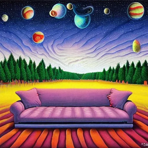 Image similar to psychedelic trippy couch pine forest planets milky way sofa cartoon by rob gonsalves