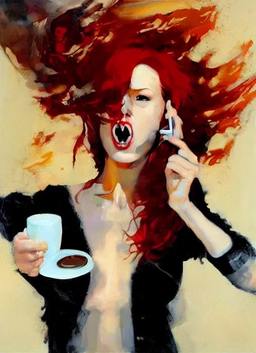 Image similar to red haired woman holding coffee, septum piercing, spilling liquid, enraged, painting by phil hale, 'action lines'!!!, graphic style, visible brushstrokes, motion blur, blurry