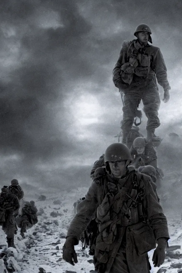 Image similar to a portrait of ww 2 american soldiers entering agartha from antarctica, realistic, highly detailed, fantasy, early 2 1 st century film quality, b & w, 4 k