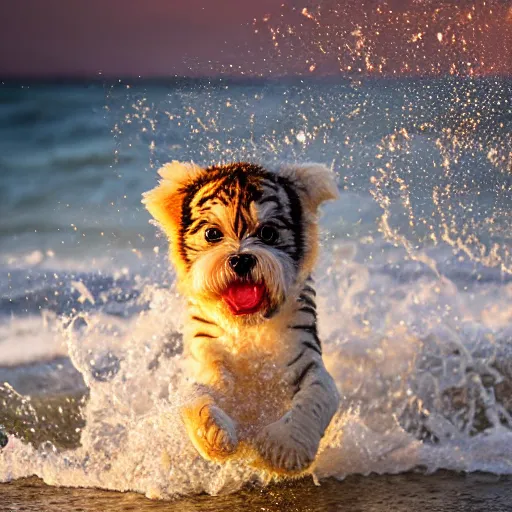 Image similar to a closeup photorealistic photograph of a cute smiling tiger bichon puppy splashing in the surf during sunset. professional capture, well lit shot. this 4 k hd image is trending on artstation, featured on behance, well - rendered, extra crisp, features intricate detail, epic composition and the style of unreal engine.