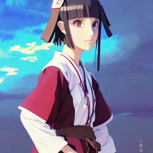 Image similar to a beautiful! boyish! natalie portman model, wearing japanese catholic school girl outfit with mayan pattern and native style, aztec street fashion, guilty gear art direction, perfect anime face, gapmoe yandere grimdark, trending on pixiv fanbox, painted by greg rutkowski makoto shinkai takashi takeuchi studio ghibli, akihiko yoshida