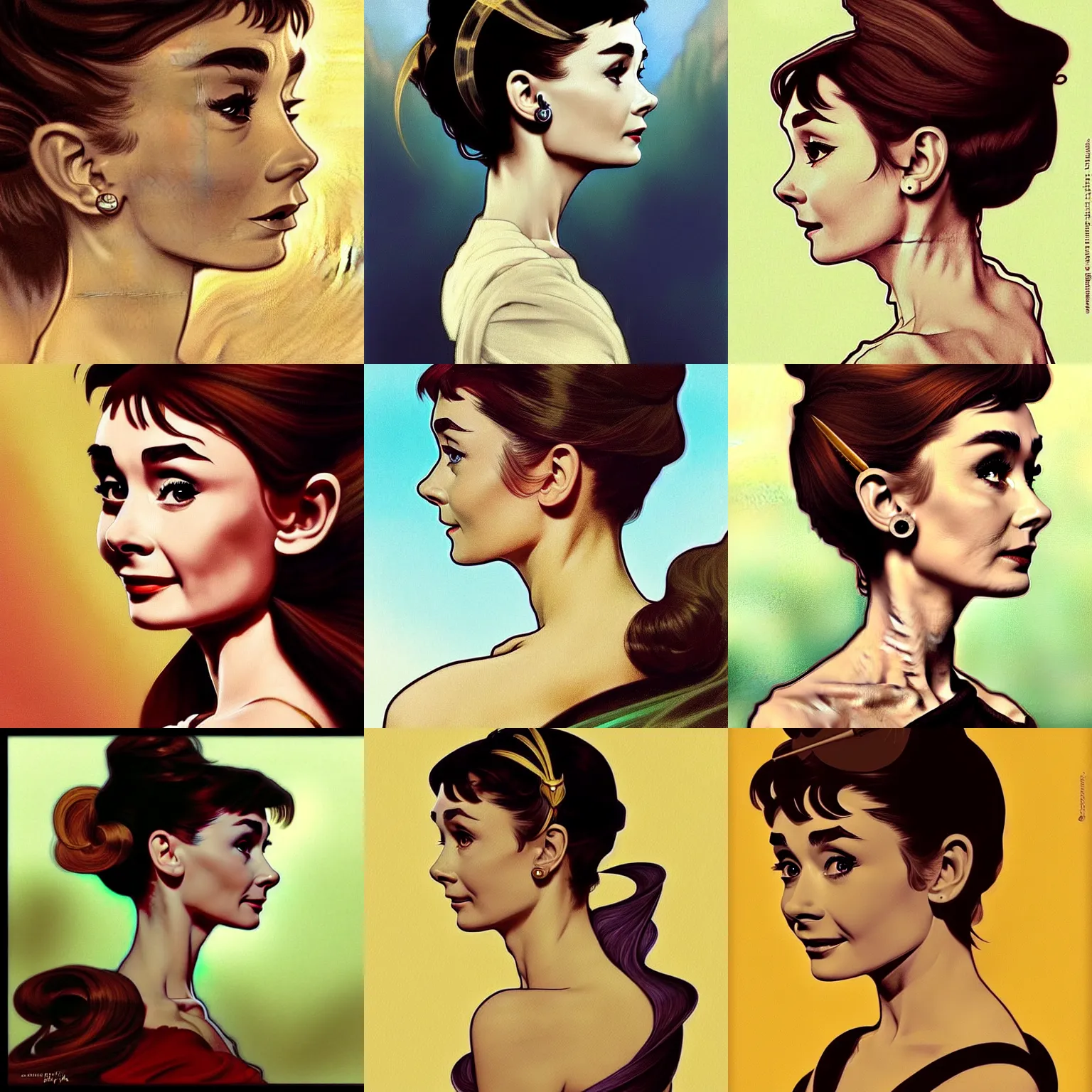 Prompt: side profile centered painted portrait, Audrey Hepburn as a wind sorcerer, D&D, cell-shaded, matte painting concept art, bright backlit, official fanart, 4k, Pinterest, by Alphonse Mucha - H 704