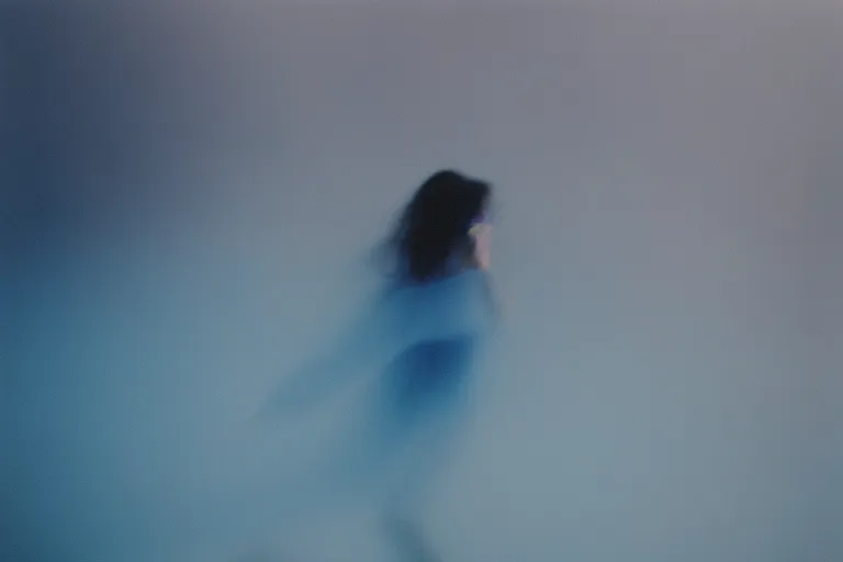 Prompt: film photography, blue theme, minimalism, close up woman lips running in the blue fog, low shutter speed, 35mm, motion blur