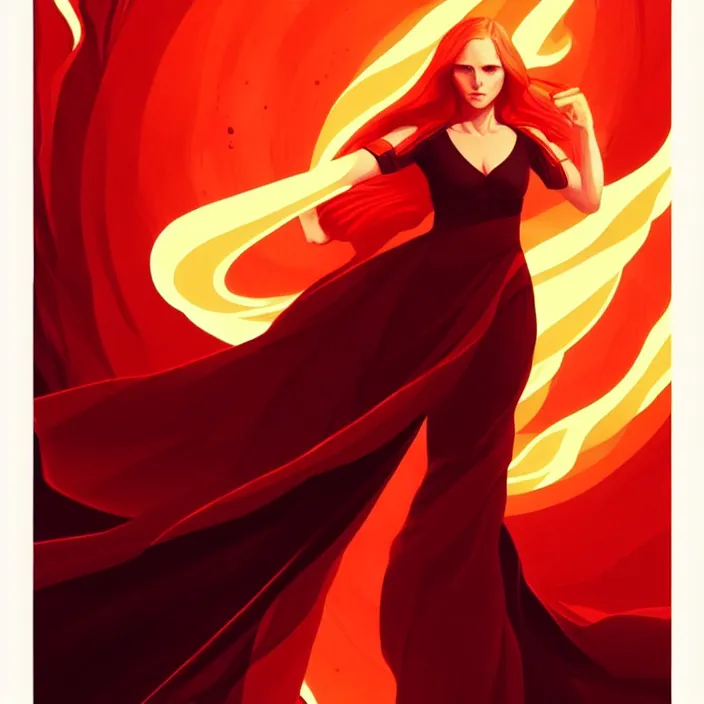 Image similar to style artgerm, joshua middleton, beautiful kristen bell with dark red dress, very long orange hair, symmetrical face, symmetrical eyes, fire powers fire swirling, detailed, volcano setting, cinematic lighting