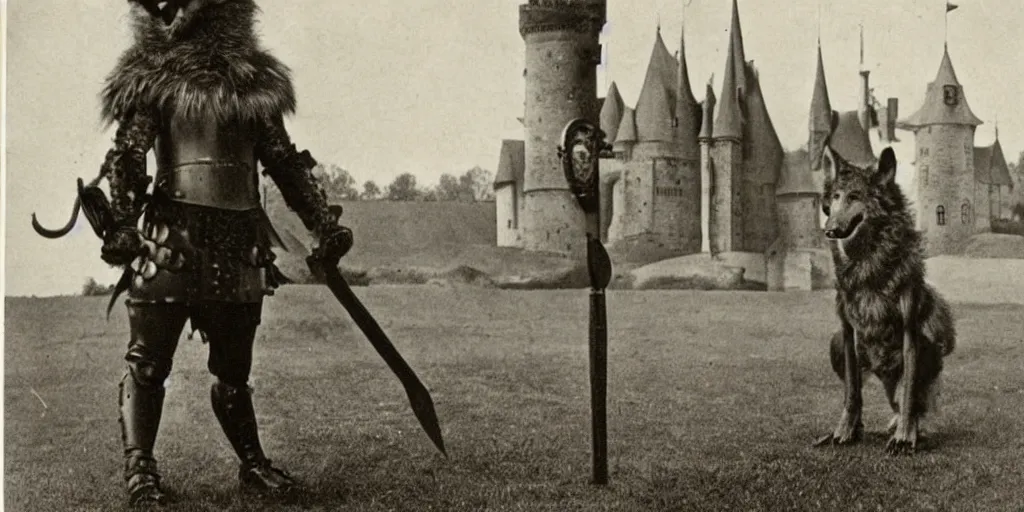 Image similar to anthropomorphic furry wolf in armor standing tall in front of a castle, 1900s picture