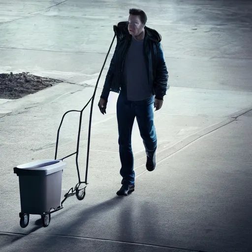 Prompt: portrait of elon musk as a homeless person carrying garbage can, ultra realistic photography, highly detailed, photorealistic, octane render, 8 k, unreal engine