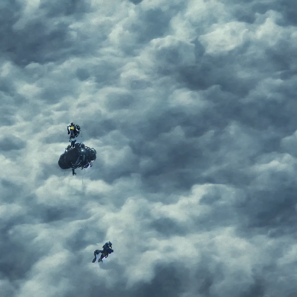 Image similar to a scubadiver floating above the clouds, closeup, digital illustration