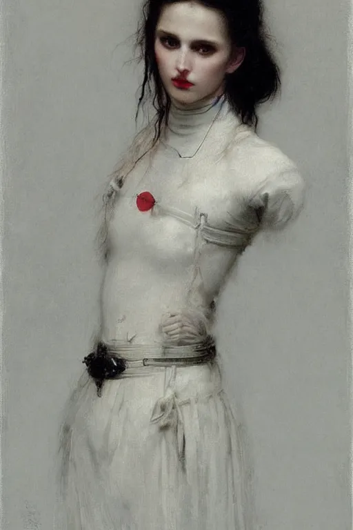 Prompt: portrait of a warrior, slavic woman, very beautiful face, pleasant facial features, red lips, long snow - white hair, black closed velvet dress, leather armor, iron armor, white boots, clothes alexander mcqueen very beautiful style, photorealism, bouguereau, edgard maxence