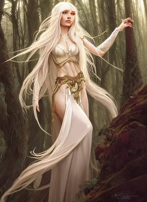 Image similar to portrait of a fantasy elf female sorceress queen with long white hair flowing wind in an ancient forest filled with magic, highly detailed, digital painting, artstation, smooth, sharp focus, illustration, art by artgerm and greg rutkowski and alphonse mucha