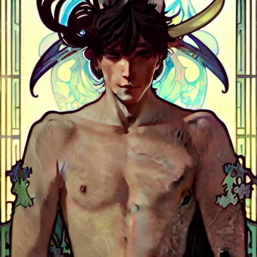 Image similar to Portrait of a pretty fantasy catboy with cat ears. Art by Greg Rutkowski and Alphonse Mucha