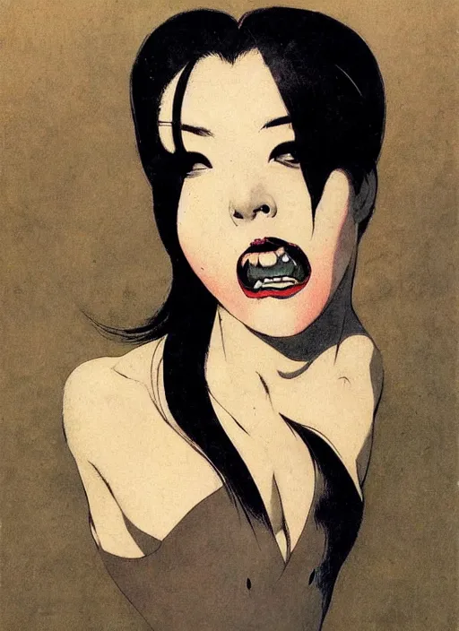 Image similar to portrait of bald korean vampiress, strong line, saturated color, beautiful! coherent! by frank frazetta, high contrast, minimalism