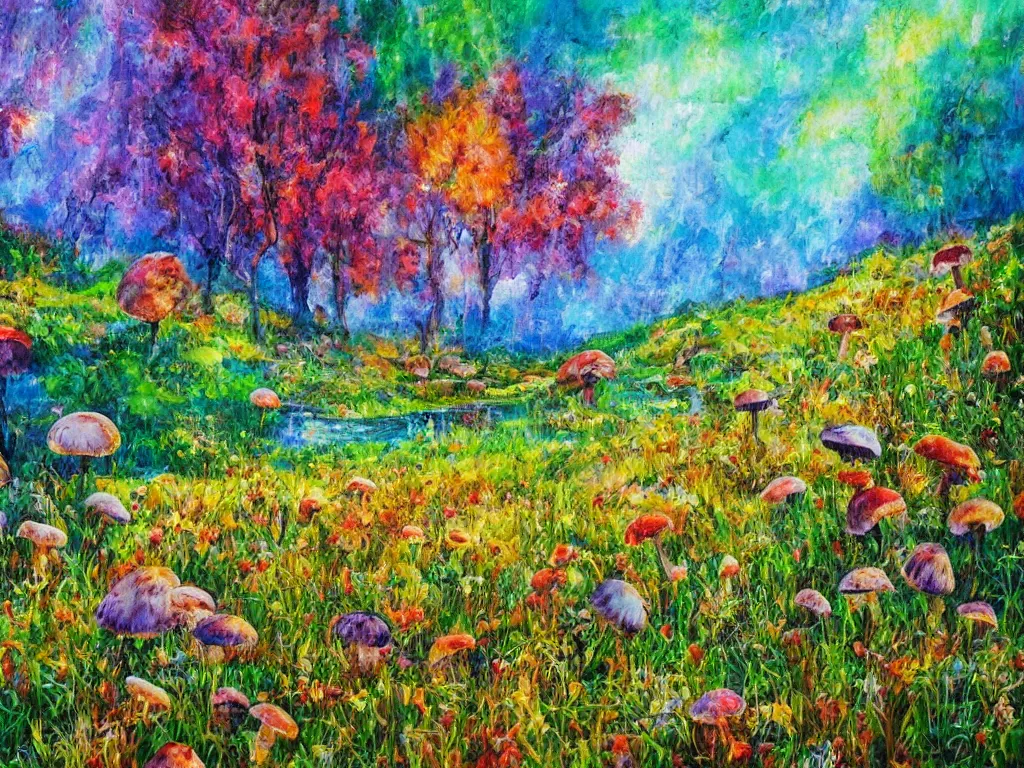 Image similar to an impressionist painting of a gorgeous meadow filled with colorful mushrooms with a stream flowing through it, psychedelic colors, colorful sky in background, high detail, trending on artstation