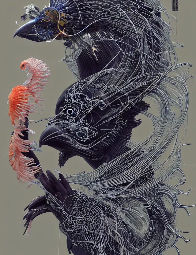 Image similar to 3 d liminal space frontal portrait with ram skull. beautiful intricately detailed japanese crow kitsune mask and clasical japanese kimono. betta fish, jellyfish phoenix, bio luminescent, plasma, ice, water, wind, creature, artwork by tooth wu and wlop and beeple and greg rutkowski