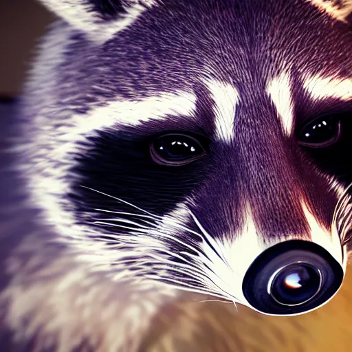 Image similar to a hyperrealistic octane render of a raccoon with camera lenses for eyes, photorealism, unreal engine, dramatic lighting, volumetric lighting, uplighting