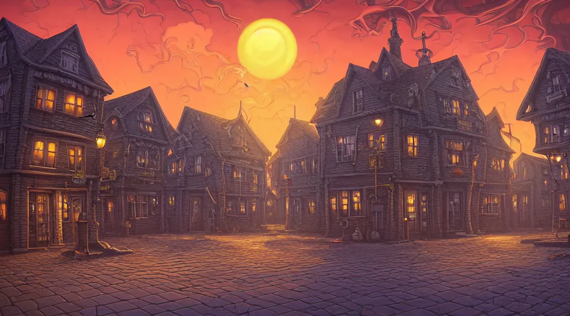 Image similar to empty lovecraftian town square surrounded by houses and inns. cthulhu statue. lovecraftian city at sunset by cyril rolando and naomi okubo and dan mumford and ricardo bofill. lovecraft. cobbled streets. oil lamp posts. lovecraftian. sunset swirly sky.