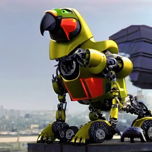 Prompt: HD, screenshot of the parrot robot from the Transformer anime, a collaboration between Michael Bay and Hayao Miyazaki