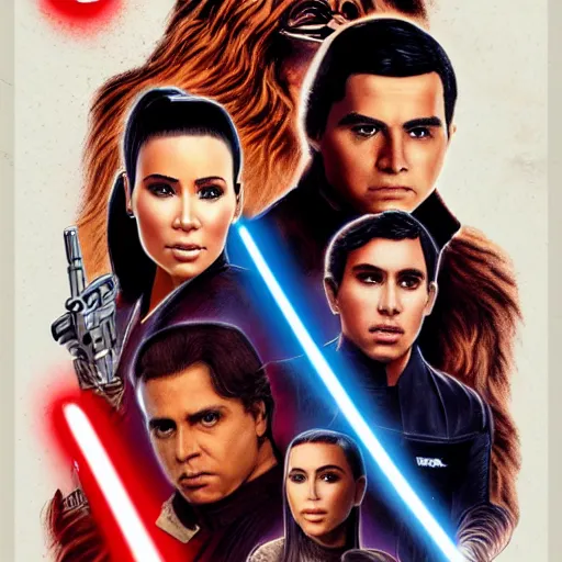 Image similar to super detailed star wars movie poster with ben shapiro, snooki and kim kardashian, 8k full HD photo, cinematic lighting, anatomically correct, oscar award winning, action filled, correct eye placement,