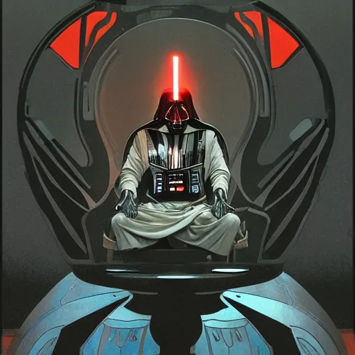 Image similar to darth vader sitting in his meditation chamber with half of his hemet off by Alphonse Mucha + Greg Rutkowski + Sachin Teng