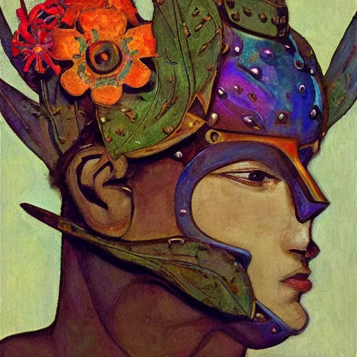 Prompt: head of a beautiful boy wearing a mask made of metal flowers, by diego rivera and john watkiss and annie swynnerton, art deco shaman, stylized flowers, art brut, symbolist, dramatic cinematic lighting, god rays, iridescent beetles, clean crisp graphics, smooth sharp focus, extremely detailed