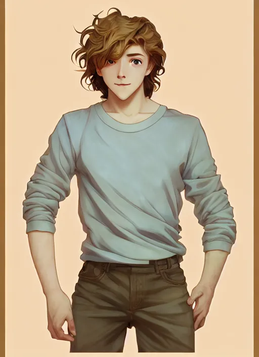 Image similar to young man with medium - length, curly, golden hair, perfectly proportioned face, aquamarine eyes, sweet smile, natural lighting, path traced, highly detailed, high quality, cartoon, digital painting, by new haicheng and studio ghibli and alphonse mucha