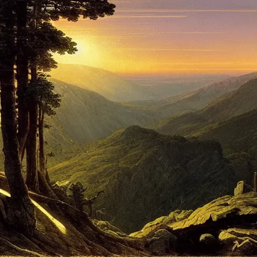 Image similar to a wanderer looking down from the peak of a mountain, distant valley, trees, sunset, sunrays, dramatic light, high detail, masterpiece, painted by caspar david friedrich