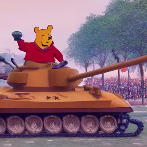 Image similar to winnie the pooh as tank man at tiananmen square sitting down in front of chinese tanks, award winning photography, extremely detailed, artstation, 8 k, sensual lighting, incredible art, wlop, artgerm