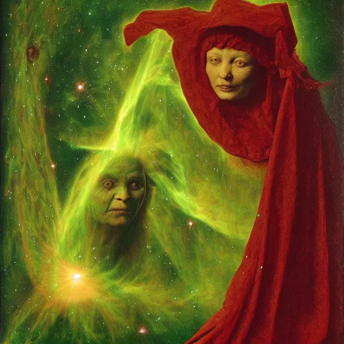 Image similar to a closeup portrait of a cloaked woman floating next to a green - horned goblin monster nebula, green - horned goblin monster nebula, by jan van eyck