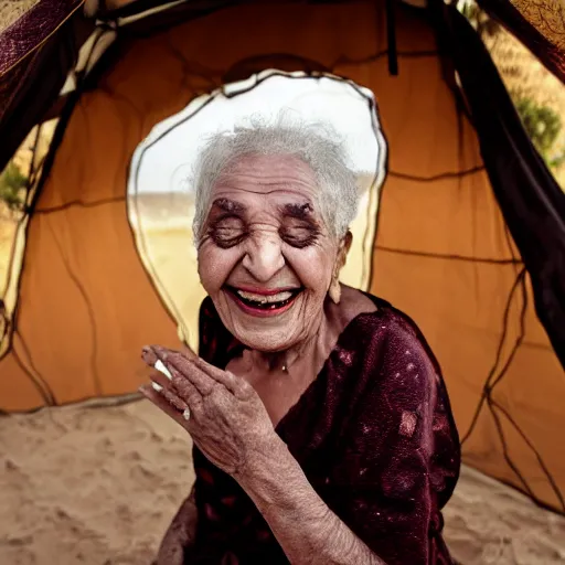 Prompt: dramatic film still of 80 year old Mediterranean skinned woman in ancient Canaanite clothing laughing, embarrassed, surprised, ancient interior tent background, Biblical epic directed by Alfred Hitchcock