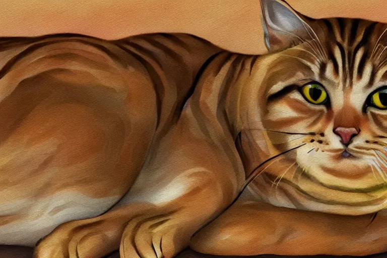 Image similar to A fat tabby cat laying on his back longways, back feet in foreground, head blurred in background, digital art