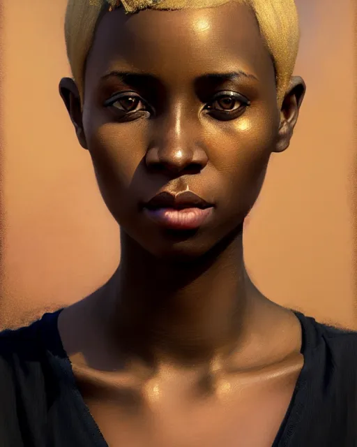 Prompt: african woman with blonde short hair, brown eyes, beautiful girl, close up portrait, moonlight, highkey, realistic, serov, surikov, vasnetsov, repin, kramskoi, paint texture, low aperature, insanely detailed, charlie bowater, tom bagshaw, octane rendered, unreal engine, illustration, trending on artstation, masterpiece