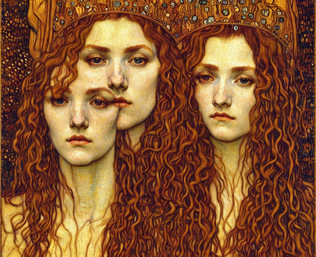 Image similar to detailed realistic beautiful young medieval queen face portrait by jean delville, gustav klimt and vincent van gogh, art nouveau, symbolist, visionary, gothic, pre - raphaelite, muted earthy colors, desaturated