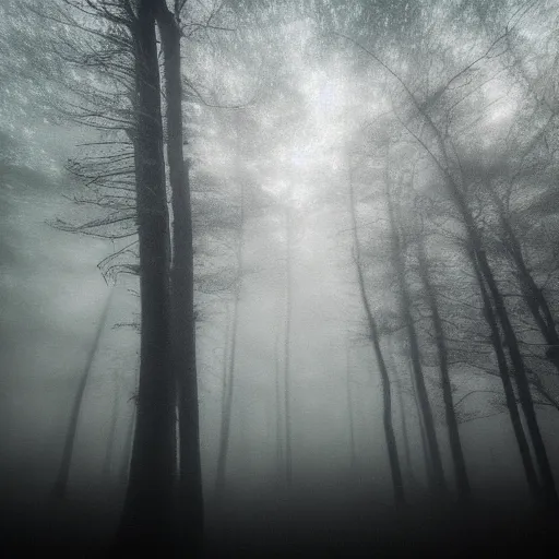 Prompt: a dark misty forest under the moonlight, an undescribable horror lurks below the misty layer, photorealistic, cinematic, hdr, pinhole camera