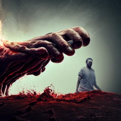 Prompt: man being dragged into hell by a giant hand coming out from the ground, 8 k, cinematic