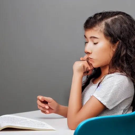 Image similar to girl with elbow on a desk and hands draging back hair on the head sitting on a chair