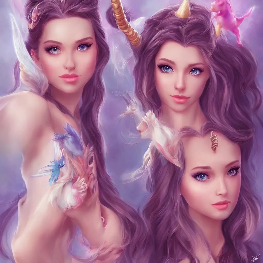 Image similar to very beautiful disney princess with a unicorn horn, perfect face, perfect body, eye contact, drawn by artgerm