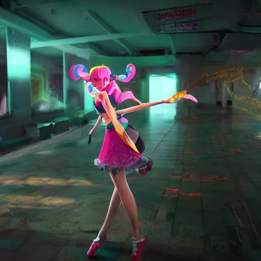 Image similar to a girl like jinx and Princess peach, dancing, background jet ground radio, fullshot, raytrayced, octane render,volumetric lighting, epic composition, intricate details, dark neon punk, by myanko