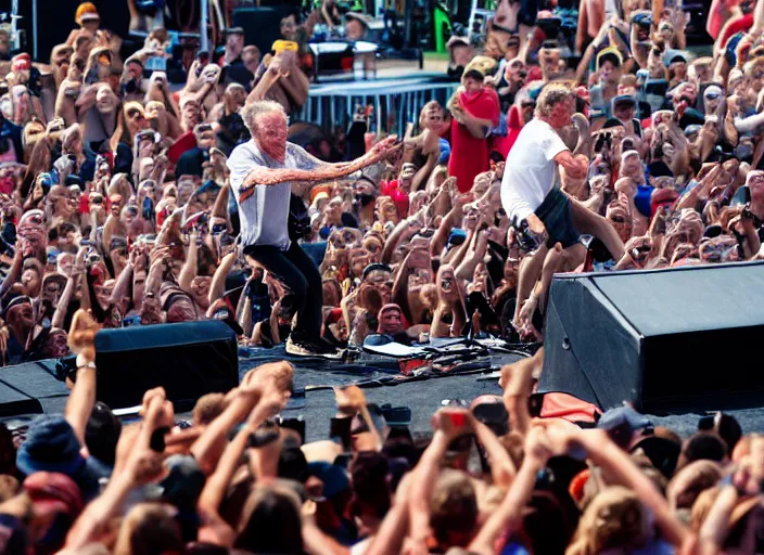 Image similar to photo still of clint eastwood on stage at vans warped tour!!!!!!!! at age 6 8 years old 6 8 years of age!!!!!!!! stage diving into the crowd, 8 k, 8 5 mm f 1. 8, studio lighting, rim light, right side key light