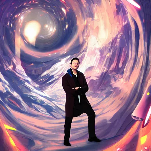 Image similar to elon musk stuck in an anime utopia, digital art