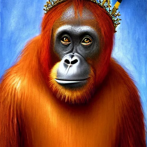 Prompt: a royal medieval portrait painting of an orangutan wearing a crown and smoking a cigarette, 4 k, hyper realistic, dslr, landscape, high resolution, painting,