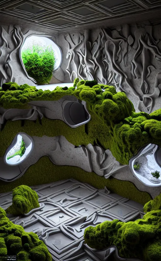 Image similar to highly detailed ultra sharp 3 d render villa interior cinematic composition of a smooth ceramic porcelain biomorphic magnolia stone nebula fluid fractal sci - fi surreal architecture landscape, granite, metallic, magnesium, marble, moss and lichen, vincent callebaut composition, mamou - mani, archviz, beautiful lighting, 8 k, unreal engine, hdr,