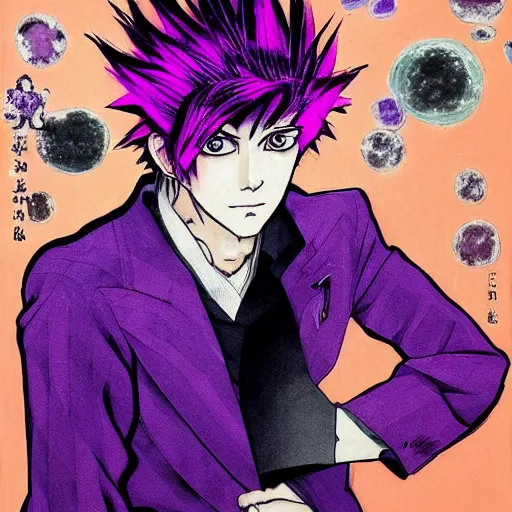 Image similar to boy with eccentric pink hair wearing a purple suit, artwork made by hirohiko araki