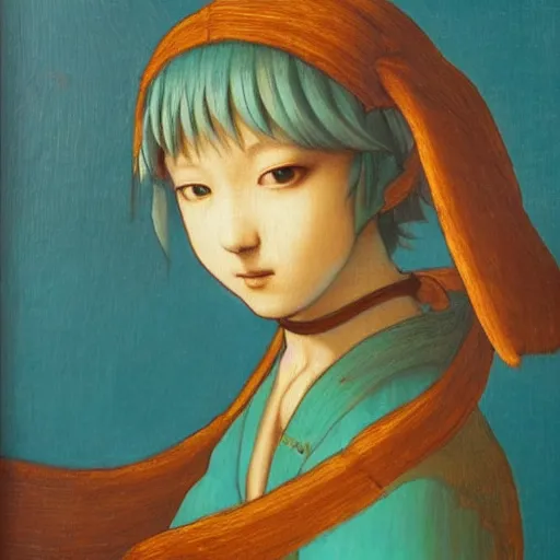 Image similar to hatsune miku in the style of leonardo da vinci, oil painting