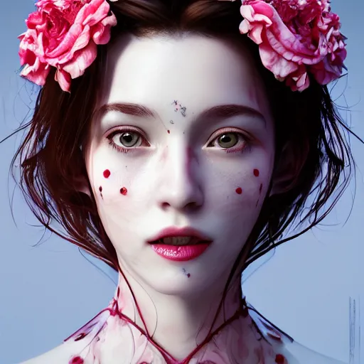 Prompt: the face of absurdly beautiful, graceful, elegant, sophisticated, sensual mature gravure idol made of strawberries and white pink petals with tears, an ultrafine hyperrealistic photograph by irakli nadar, intricate linework, bright colors, octopath traveler, final fantasy, unreal engine highly rendered, global illumination, radiant light, intricate environment