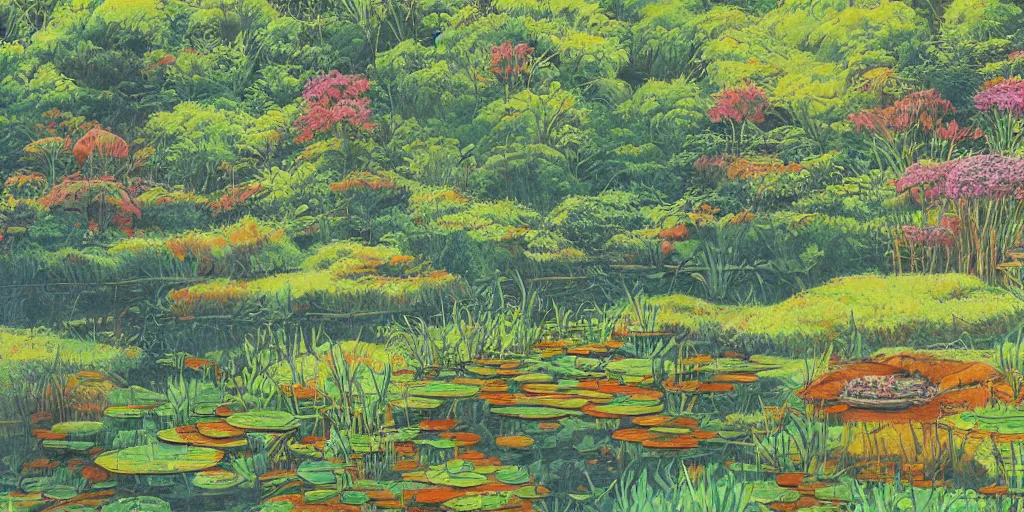 Image similar to pond landscape, by cosmo mulford, intricate, sharp focus, detailed, lively colors, studio ghibli color scheme