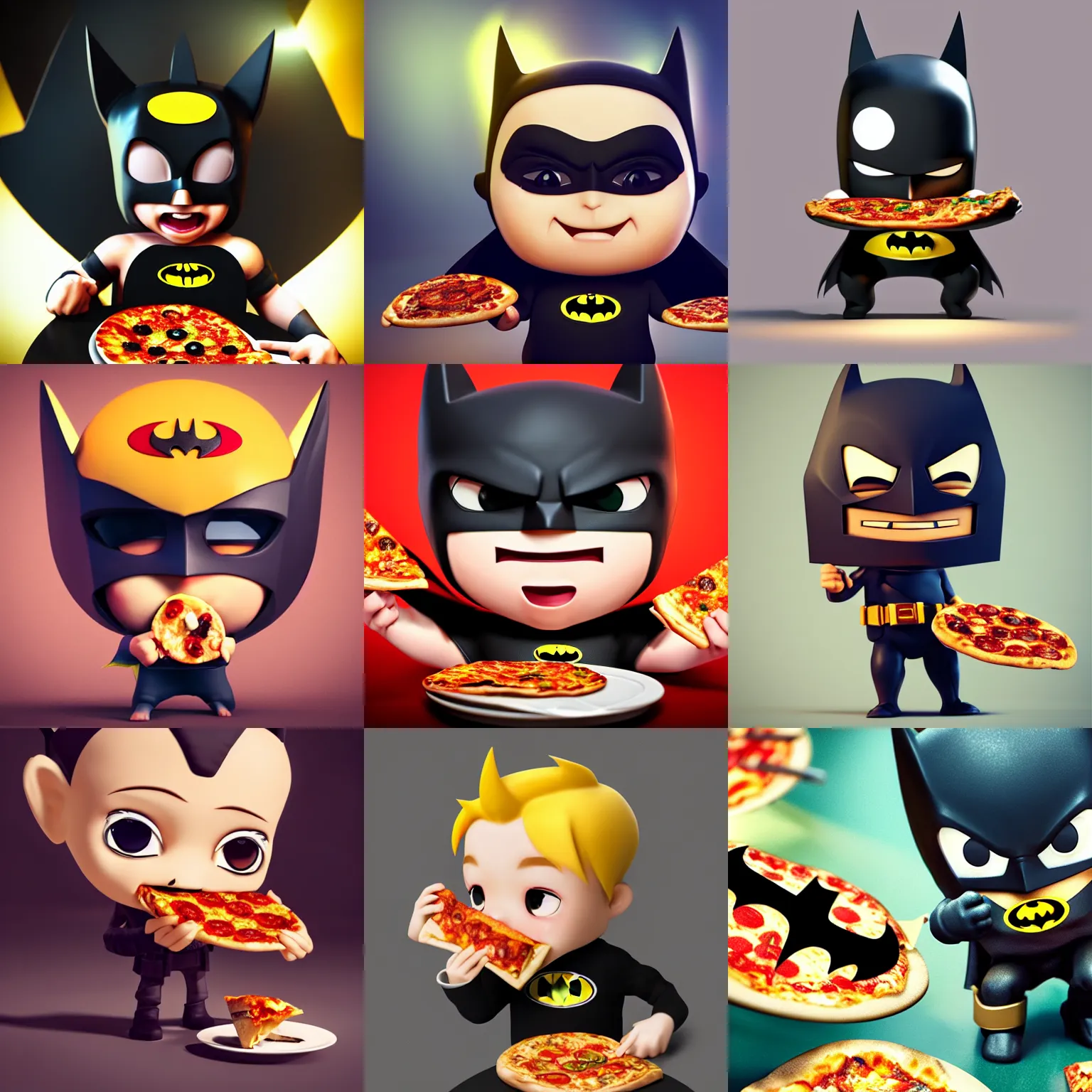 Prompt: A ultra detailed render of a chibi style Batman eating pizza adorable, cute, Portrait Lighting, trending on ArtStation, octane render, cinema4d, Zbrush