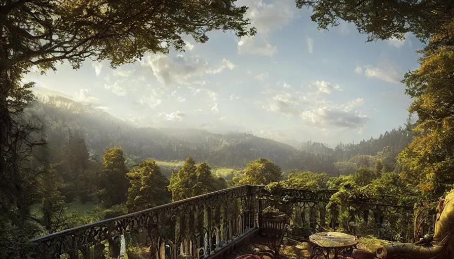 Prompt: view from a victorian manor house balcony overlooking a forest valley, highly detailed, architecture, sunny, blue sky, cinematic lighting, highly angle, godrays, volumetric, digital art painting by greg rutkowski