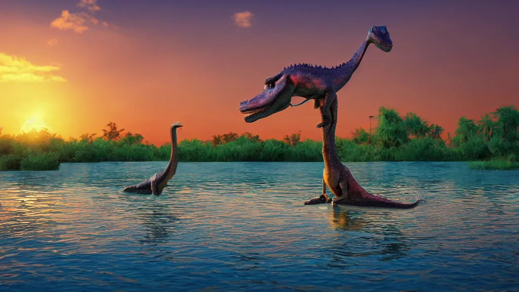 Image similar to a dinosaur swimming in lake barbies city, sunset lighting, rim light, hyper realistic, 1 0 5 mm, cinematic frame