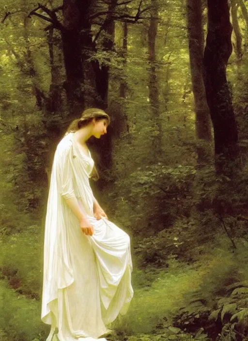 Image similar to a woman with long flowing hair and a flowing white dress in a forest by robert mccall, william - adolphe bouguereau