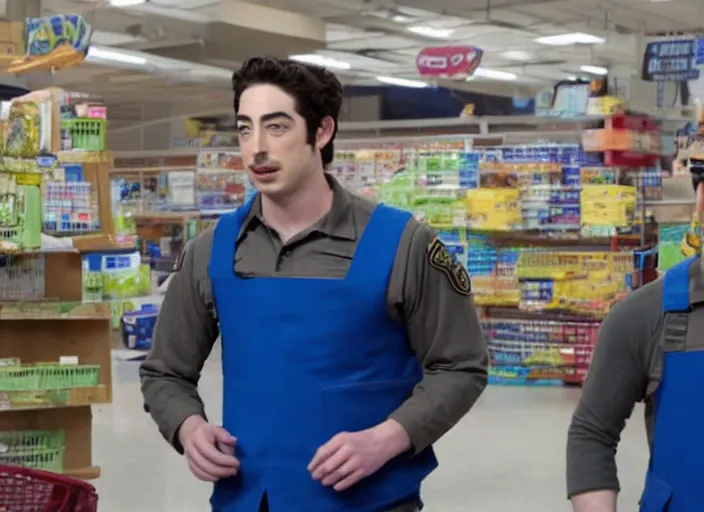 Image similar to film still of ben feldman!!! as jonah simms wearing his blue vest uniform, in superstore, 2 0 1 5