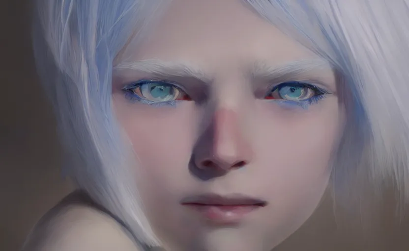 Prompt: portrait of a blue-eyed girl with white hair, painting by Craig Mullins, octane rendering, soft morning lighting, wide angle lens, in the style of Hayao Miyazaki, trending on artstation,